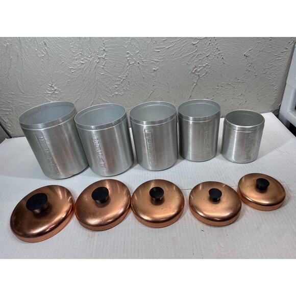 MCM Set of 5 Spun Aluminum Kitchen Canisters Copper Color Lids Made in Italy - Picture 3 of 9